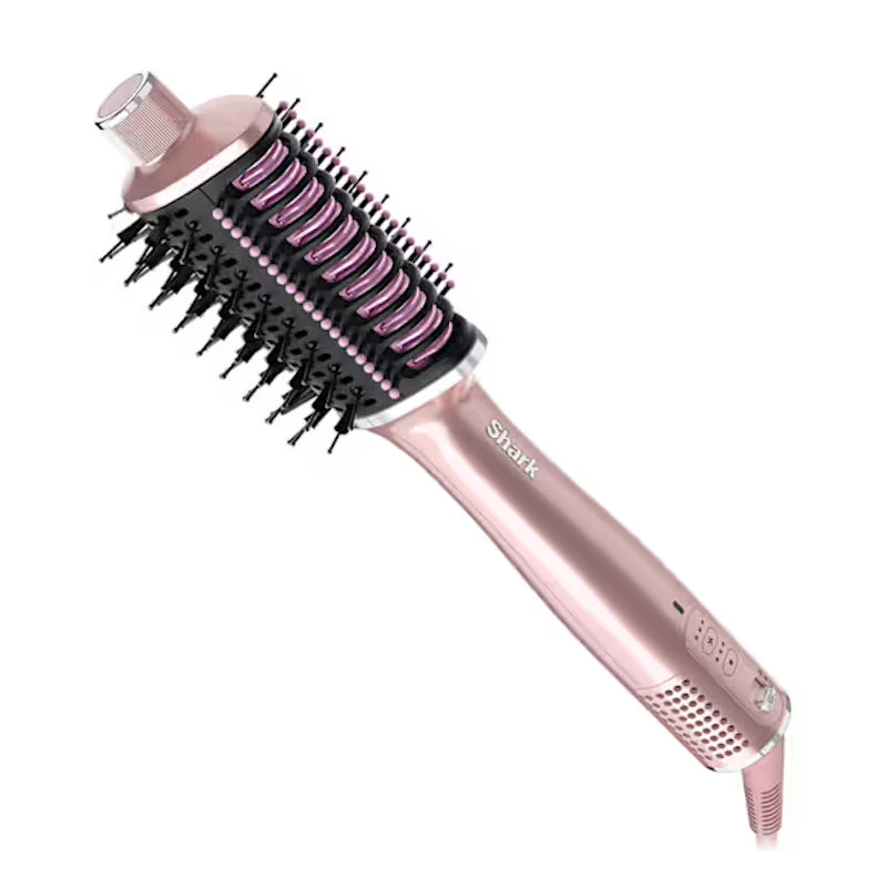 Shark Glossi 2-in-1 Hot Tool and Air Glosser in lychee pink with round brush and ceramic bristles visible
