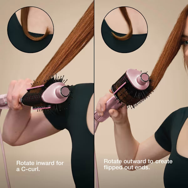 Hands using Shark Glossi 2-in-1 Hot Tool and Air Glosser on straight hair, showing inward and outward rotation styles.