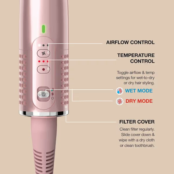 Close-up of Shark Glossi 2-in-1 Hot Tool and Air Glosser in lychee showing control buttons and filter cover.