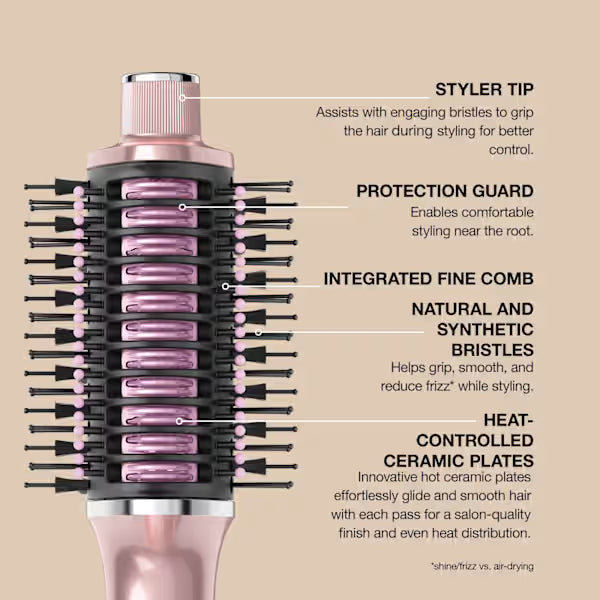 Close-up of Shark Glossi 2-in-1 Hot Tool and Air Glosser brush head showing bristles and ceramic plates.