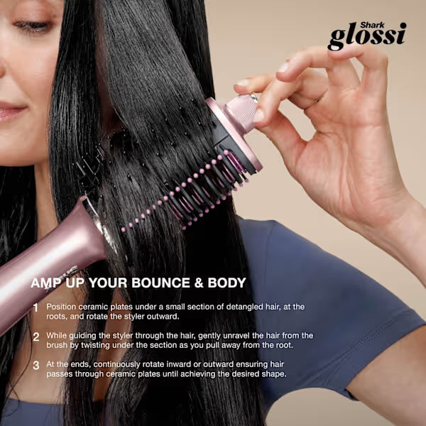 Woman styling long black hair with Shark Glossi 2-in-1 Hot Tool and Air Glosser in lychee color