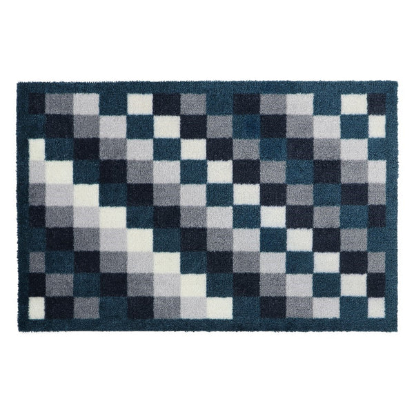 Mega Mat 50x75cm pixels design, absorbent indoor entrance mat with non-slip foam back, washable, grey and blue tones – Keans