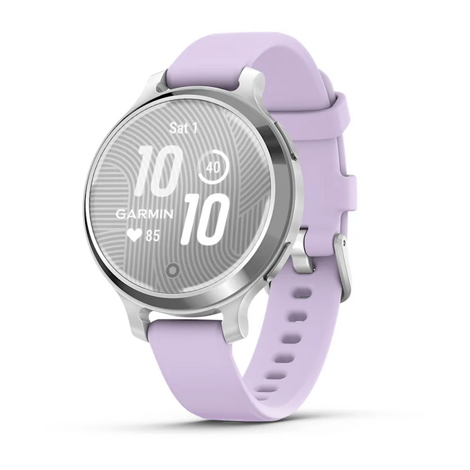 Garmin Lily 2 Active smartwatch, 33mm silver case, Purple Jasmine band, GPS, health tracking, 9-day battery, at Keans