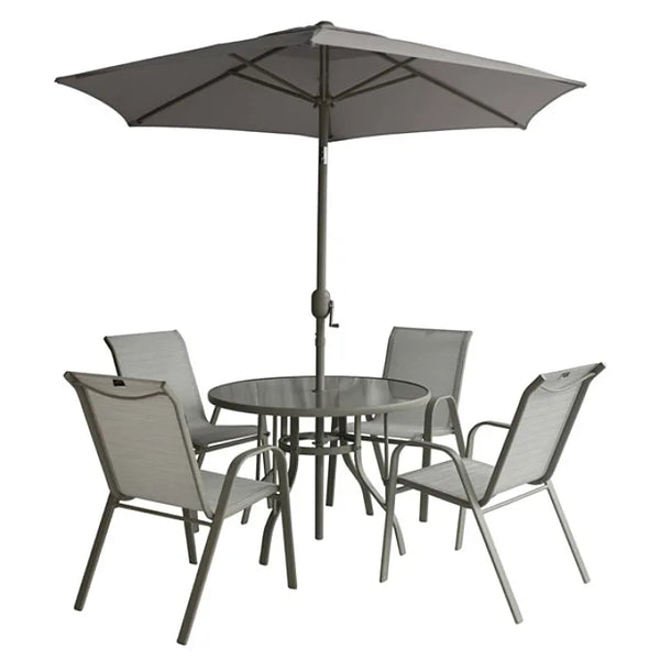 Florina Grey 4 Seater Dining Set with 2.2m Parasol, tempered glass table, taupe textilene chairs – Keans Claremorris