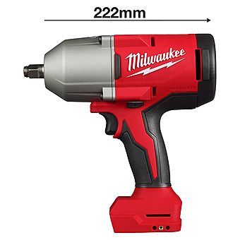 Milwaukee M18 18V high torque impact wrench in red and black, side view without battery.