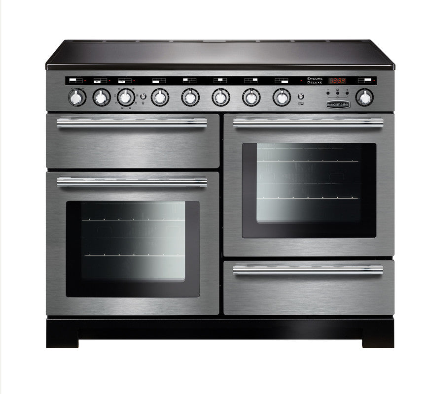 Rangemaster Encore Deluxe 110 induction range cooker in stainless steel with chrome trim and dual ovens.