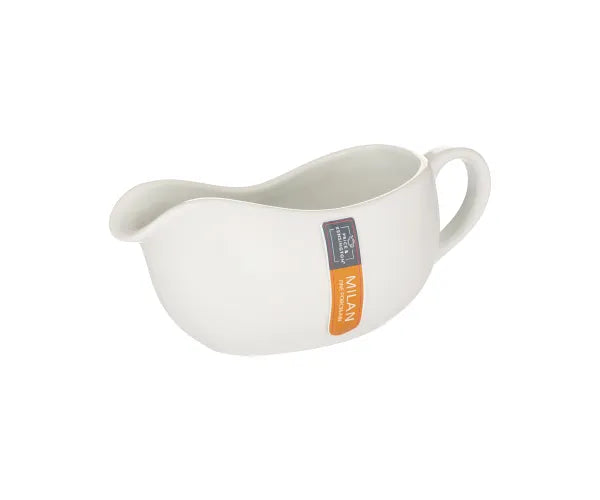White Milan Gravy Boat 35cl with handle and spout, shown at a slight angle with product label visible.