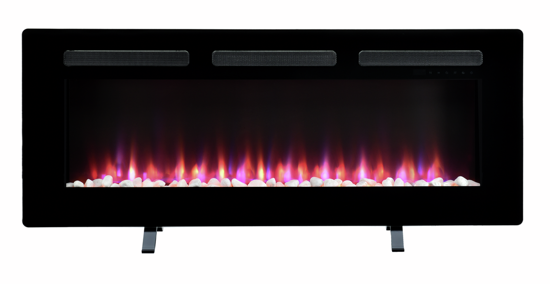 Dimplex Sierra 48" wall fire with black frame, glowing multicolor flames, and white stones at the base