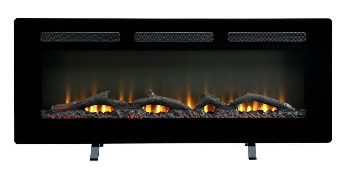 Dimplex Sierra 48" wall fire with glowing logs and orange flame effect in black frame