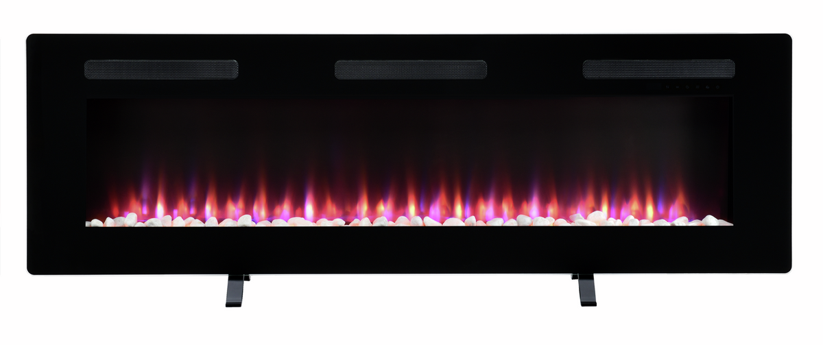 Dimplex Sierra 60" wall fire with black frame, glowing multicolored flames, and white stones inside