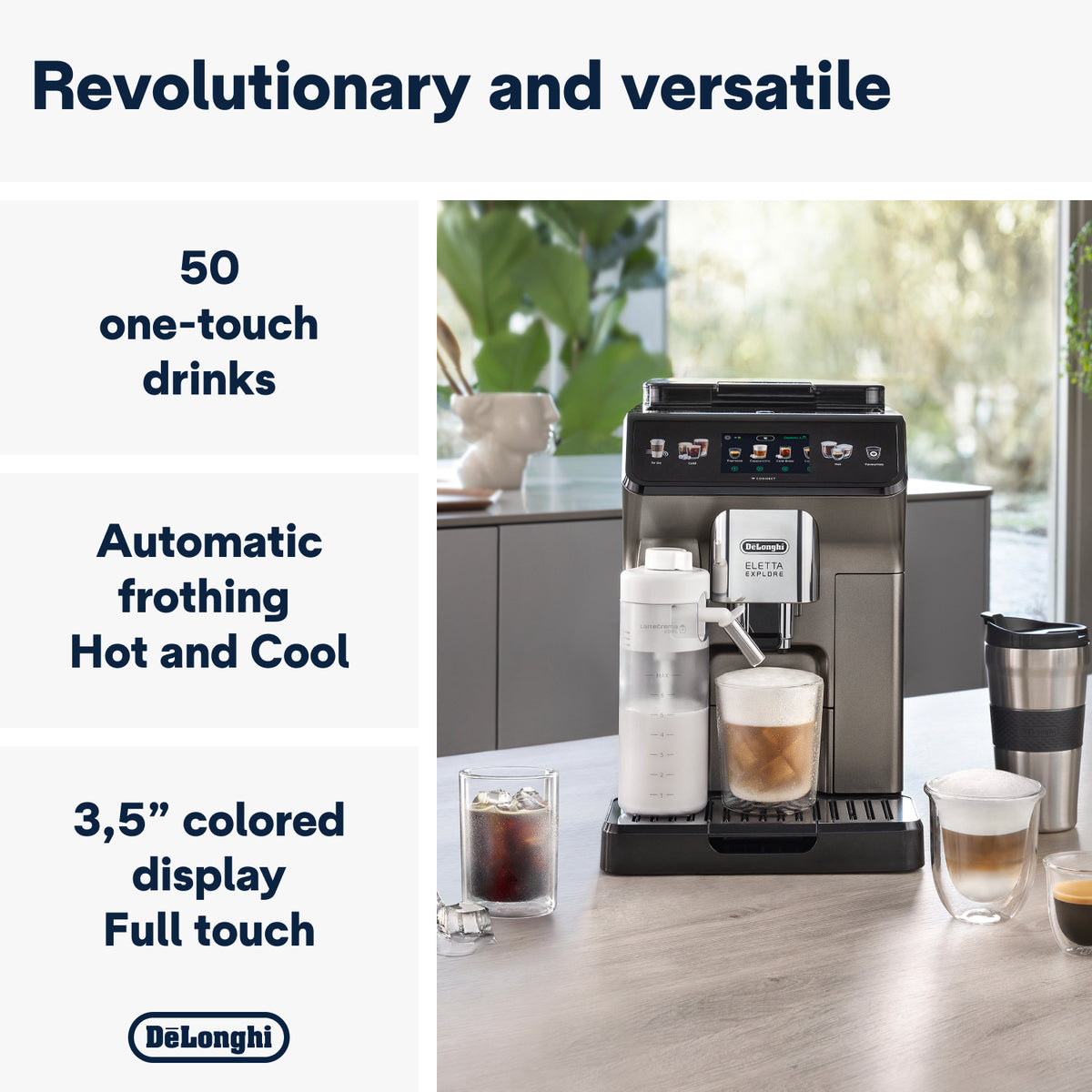 DeLonghi Eletta Explore coffee machine with milk frother, iced coffee, and espresso on a kitchen counter.