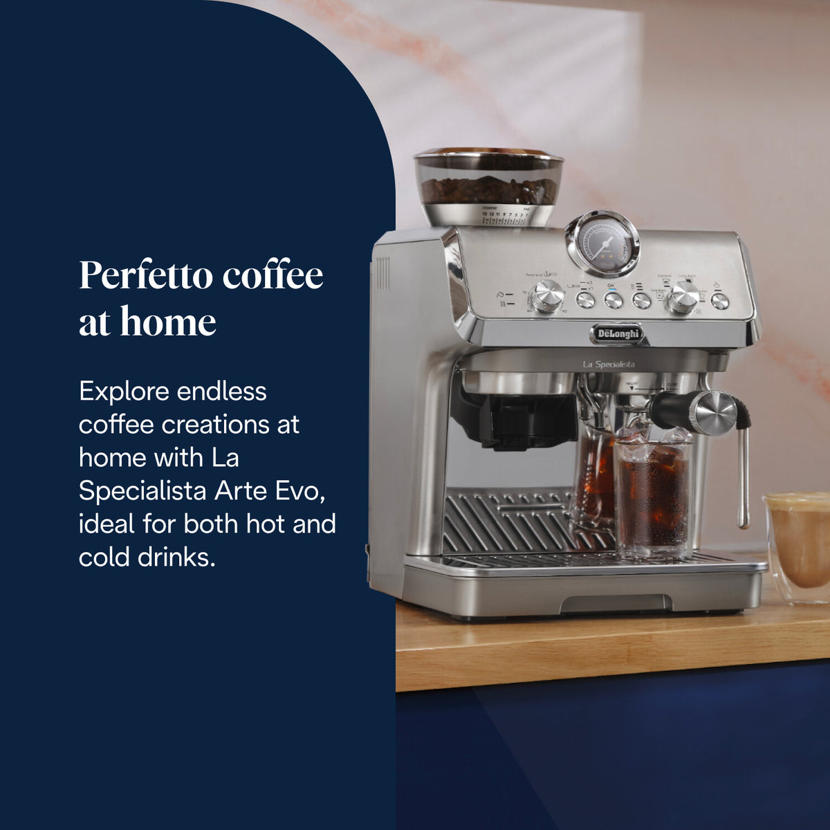 DeLonghi La Specialista Arte Evo espresso machine brewing iced coffee on a wooden countertop.