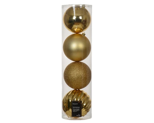 Shatterproof Baubles – Mixed Finishes Light Gold 14cm Tube of 4 - Image 1