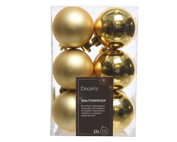 Light Gold Baubles 6cm shatterproof shiny and matt mix, box of 12 – Keans Claremorris Christmas decor