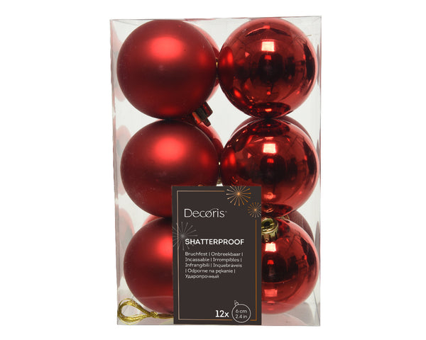 Christmas Red Baubles Shatterproof Mix Matt and Shiny 6cm Dia Box of 12 – Keans Claremorris