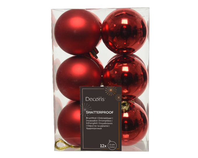 Christmas Red Baubles Shatterproof Mix Matt and Shiny 6cm Dia Box of 12 – Keans Claremorris