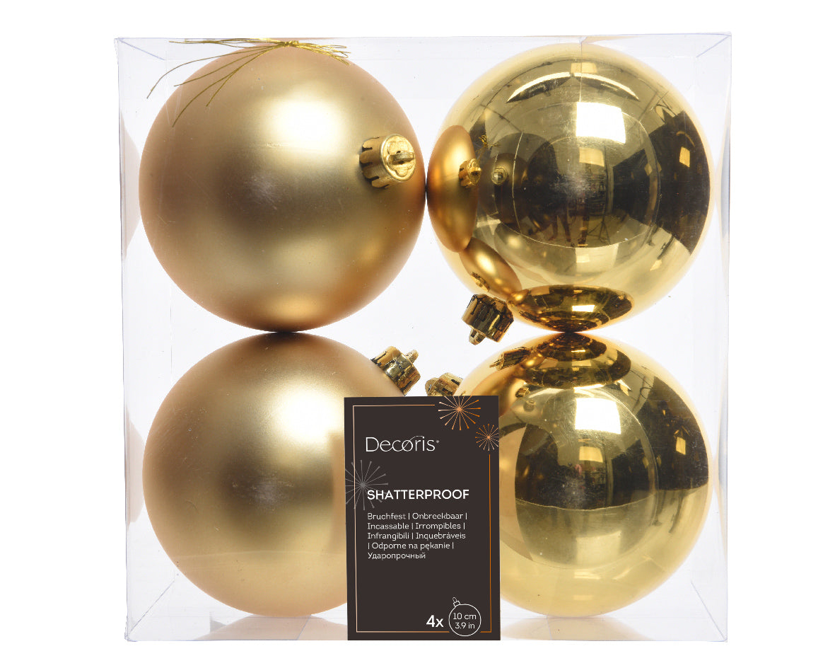 Light Gold Shatterproof Baubles 10cm, Mix Shiny & Matt Finish, Box of 4 – Durable Holiday Decor by Keans Claremorris