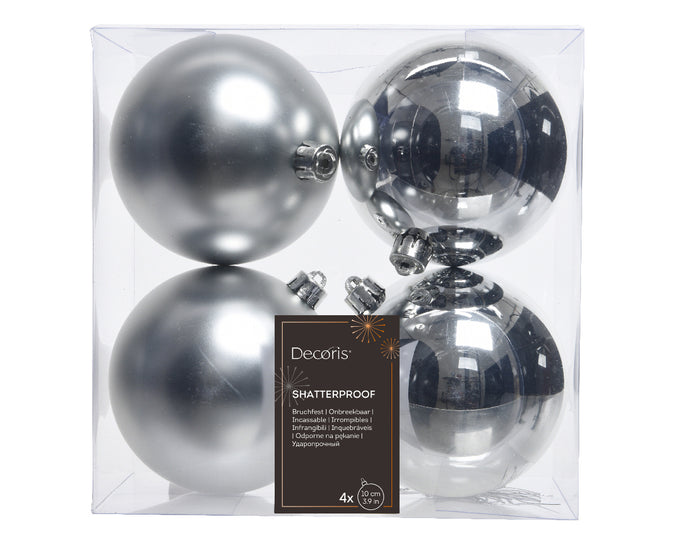 Silver shatterproof Christmas baubles 10cm, shiny and matt finish, box of 4 – Keans Claremorris holiday décor