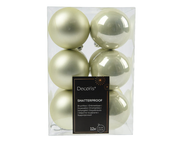 White Mint Baubles 6cm Shatterproof Shiny Matt Mix, Box of 12 – Keans Claremorris Christmas Decor