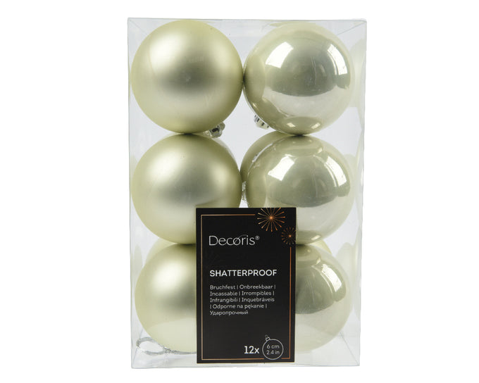 White Mint Baubles 6cm Shatterproof Shiny Matt Mix, Box of 12 – Keans Claremorris Christmas Decor