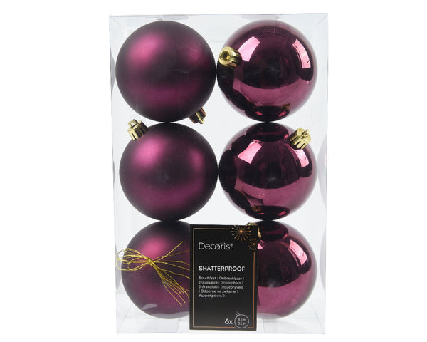 Dark Mauve Shatterproof Baubles 8cm, Shiny and Matt Mix, Box of 6 – Keans Claremorris