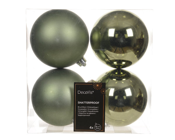 Set of 4 rosemary green 10cm shatterproof baubles, shiny & matte finish, recycled material – Keans Claremorris