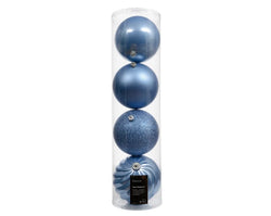 Tube of 4  Baubles – Glitter, Matte, Shiny & Moulded Mix – Sky Blue dia14cm