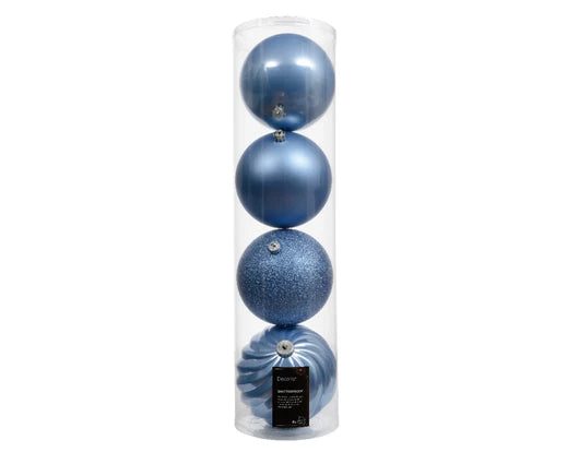 Tube of 4  Baubles – Glitter, Matte, Shiny & Moulded Mix – Sky Blue dia14cm - Image 1