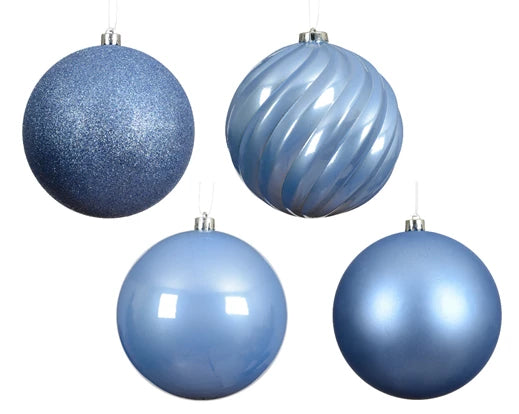 Tube of 4  Baubles – Glitter, Matte, Shiny & Moulded Mix – Sky Blue dia14cm - Image 2