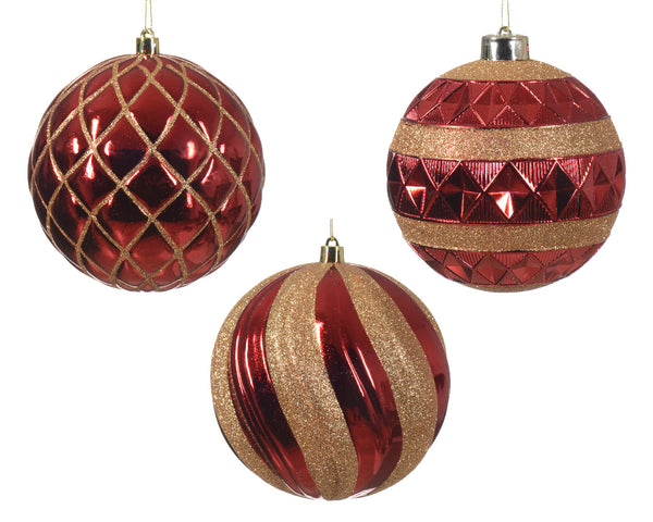 Large shatterproof Christmas bauble 12cm red and gold, shiny finish, sold singly - Keans Claremorris
