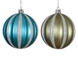 Shiny Striped Baubles in Folk Blue & Rosemary Green 8cm