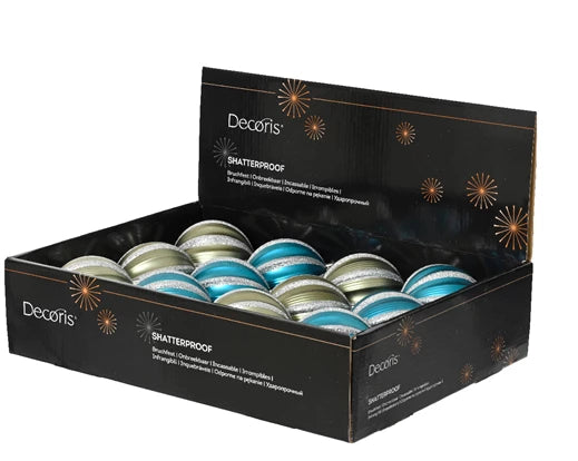 Shiny Striped Baubles in Folk Blue & Rosemary Green 8cm - Image 2