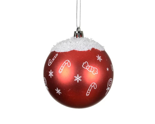 Shiny Red  Bauble with Flocked Snow Top 8cm