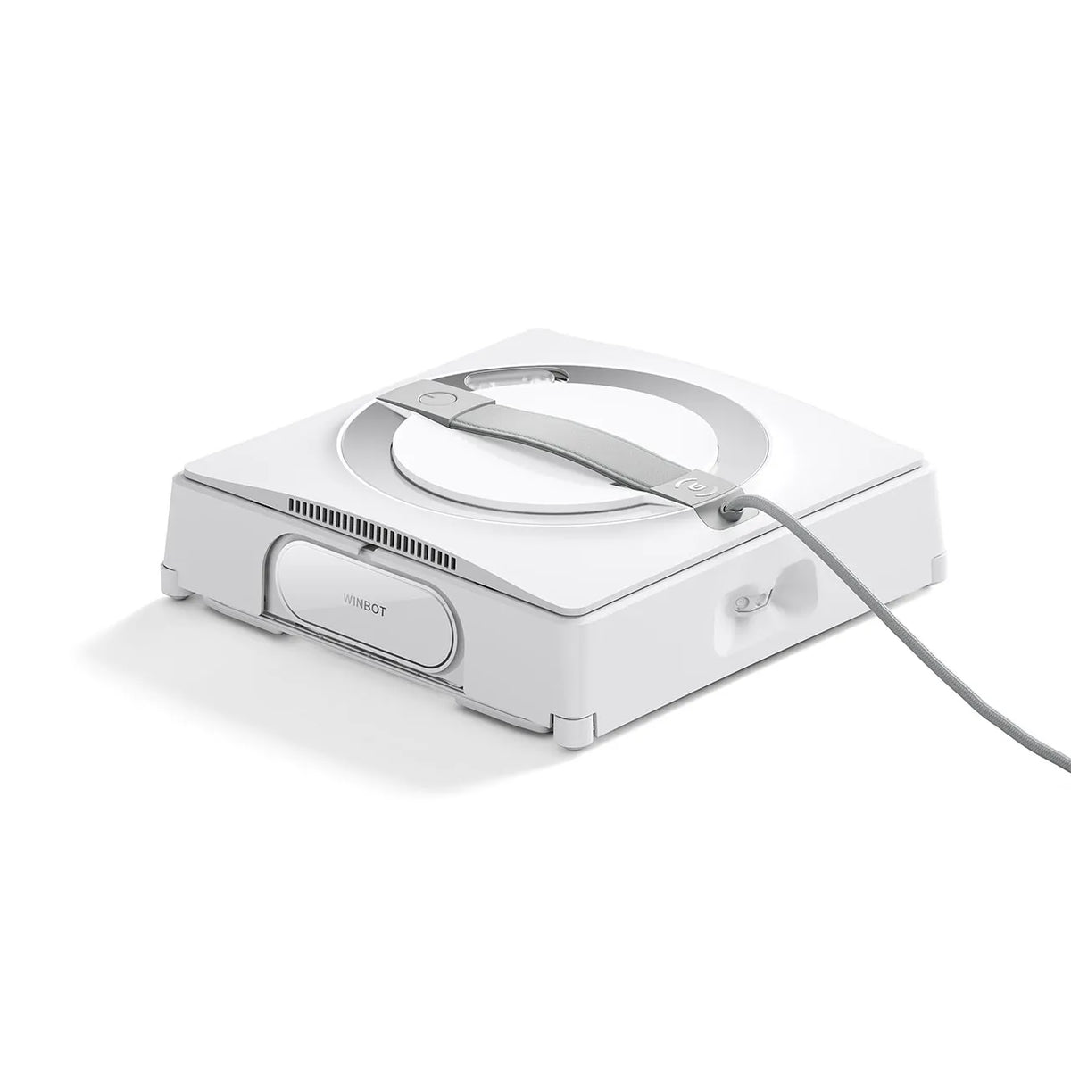 Ecovacs Winbot W2 Omni robot window cleaner in white with a carrying handle and attached power cord.