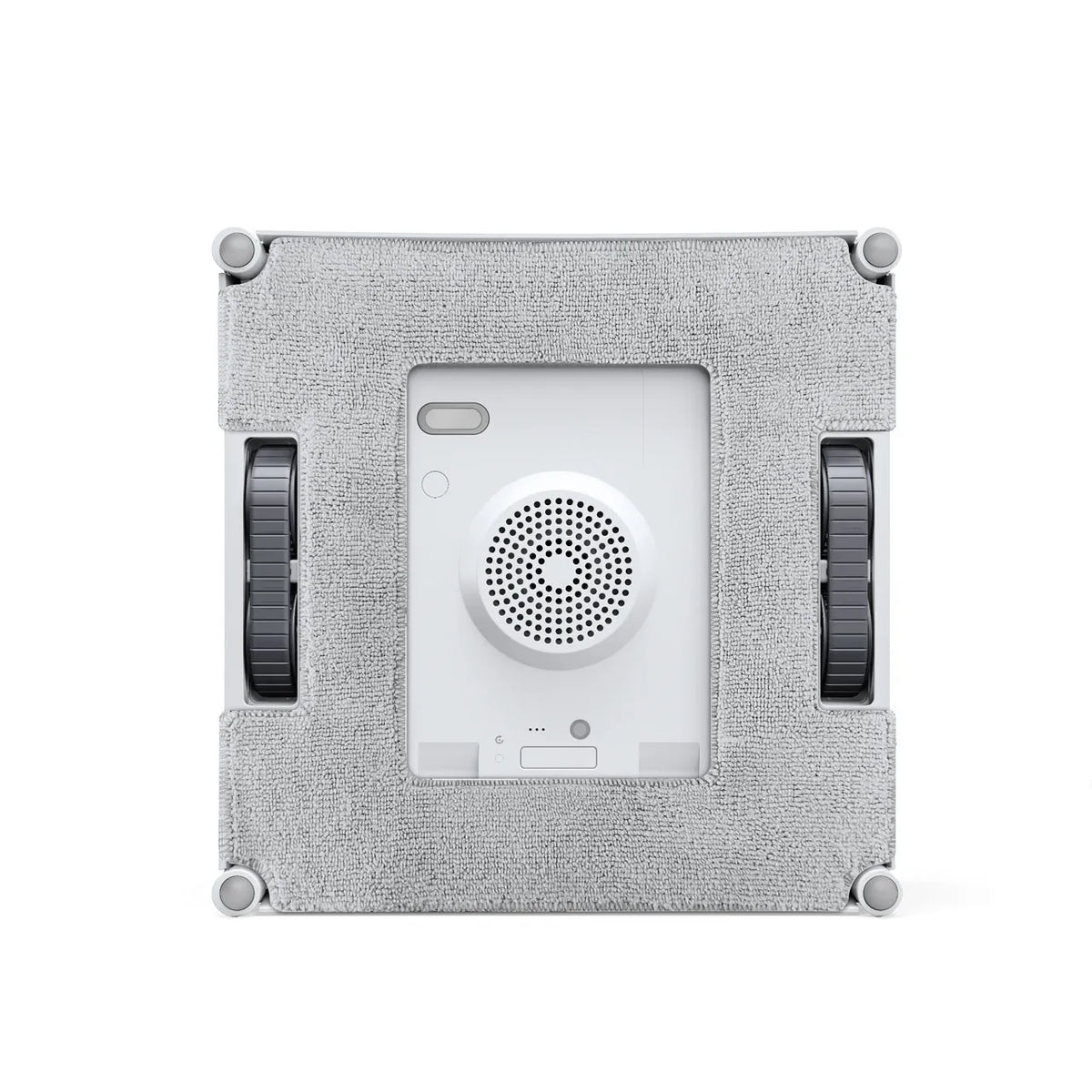 Bottom view of Ecovacs Winbot W2 Omni robot window cleaner showing wheels and cleaning pad.