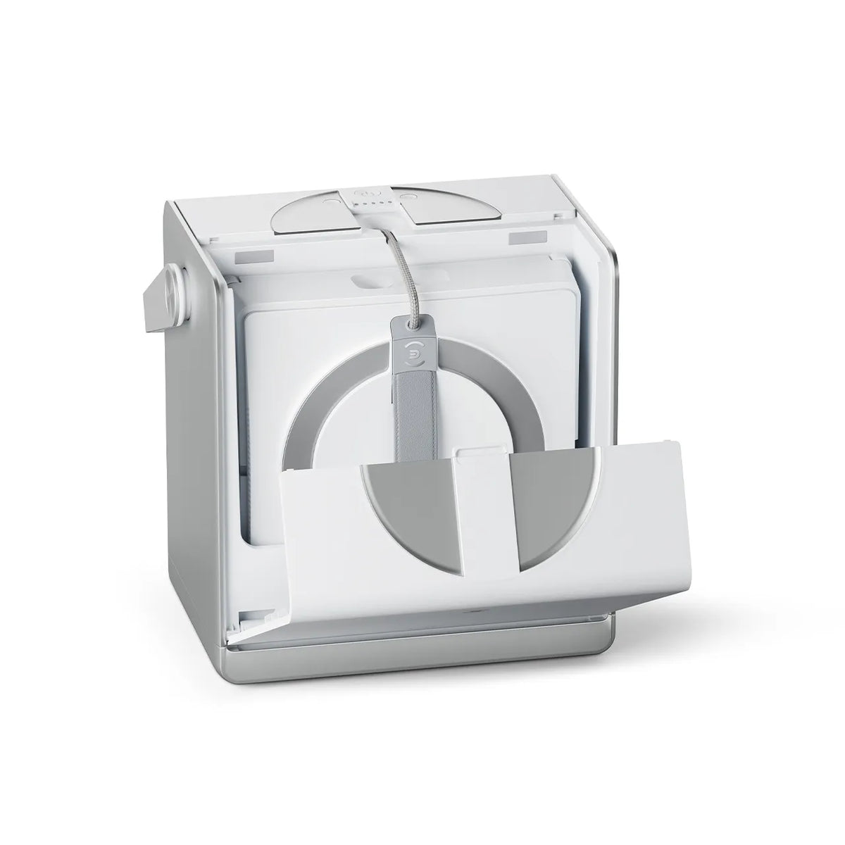 Ecovacs Winbot W2 Omni robot window cleaner in white and gray with front panel open showing circular cleaning pad.