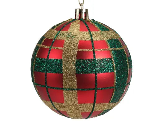 Christmas Red Bauble – Gold & Green Check Glitter Detail (2 Assorted Shiny &  Matt, 8cm) - Image 2