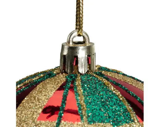Christmas Red Bauble – Gold & Green Check Glitter Detail (2 Assorted Shiny &  Matt, 8cm) - Image 3
