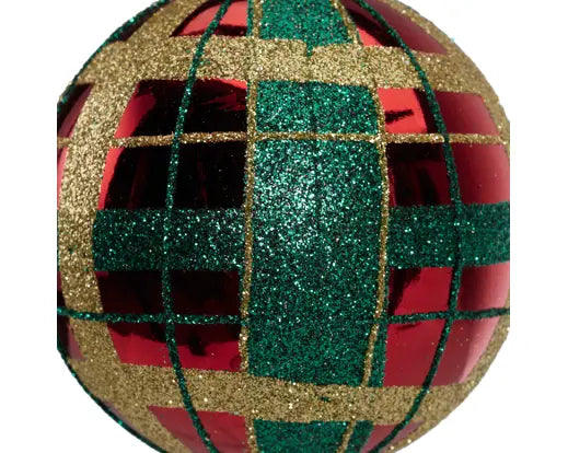 Christmas Red Bauble – Gold & Green Check Glitter Detail (2 Assorted Shiny &  Matt, 8cm) - Image 4