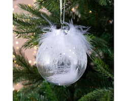 Shatterproof Transparent Bauble with White Feathers Inside 8cm