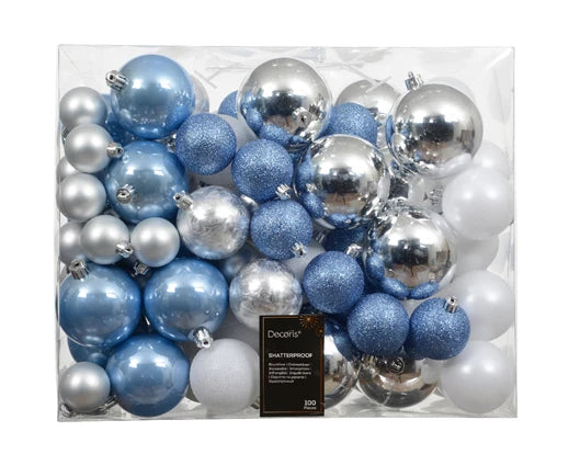 Box of 100 Bauble Blue/Silver/White MIX Shiny - Matt - Glitter Ass - Image 1