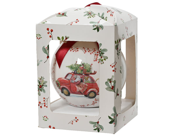 White bauble with red car design, polyfoam with bow, 10x10x10.5cm, gift boxed – Keans Claremorris