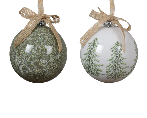 White or green 8cm Christmas bauble with tree design and polypropylene bow – festive décor by Keans Claremorris