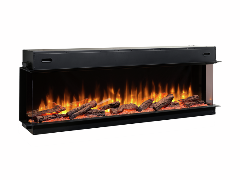 Dimplex Ignite Ultra 74" built-in electric fireplace with glowing logs and dynamic flames in a panoramic black frame.
