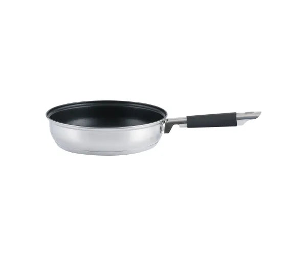 Viners Everyday Frying Pan 22cm with stainless steel exterior and black non-stick interior, side view.