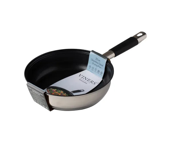 Viners Everyday Frying Pan 22cm with stainless steel exterior and black non-stick interior, angled view with packaging.