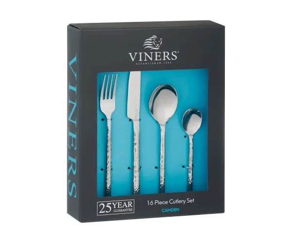 Camden Viners 16 Piece Cutlery Set in black box with fork, knife, tablespoon, and teaspoon visible through window.