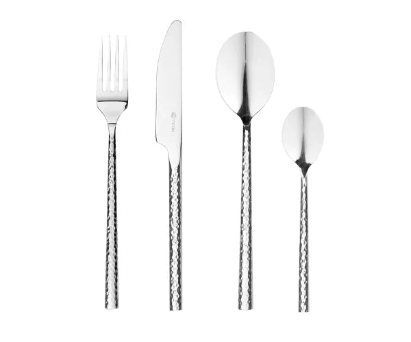 Four hammered stainless steel cutlery pieces: fork, knife, tablespoon, and teaspoon from Camden Viners set.