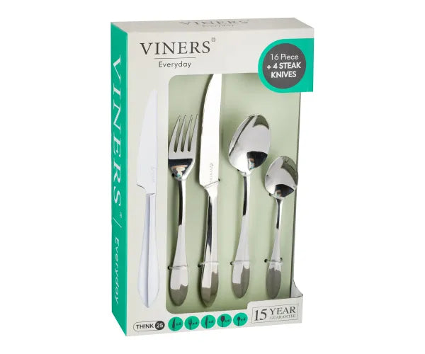 Viners Everyday 16-piece cutlery set with 4 steak knives in white and stainless steel, boxed packaging.
