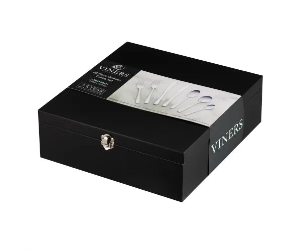 Closed black gift box with a label showing stainless steel cutlery from the Savannah 42 Piece Cutlery Giftbox Set.
